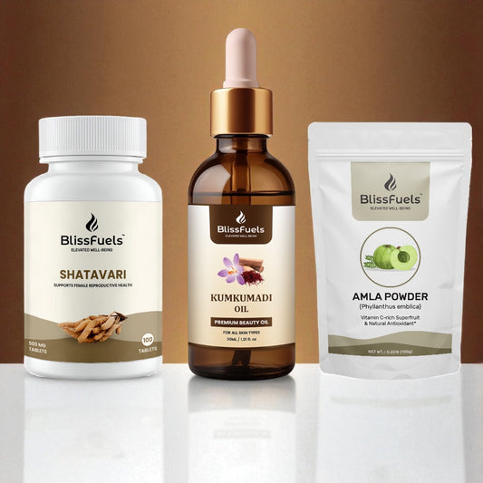BlissFuels™ Beauty & Radiance Bundle – Kumkumadi Oil + Shatavari Tablets + Amla Powder