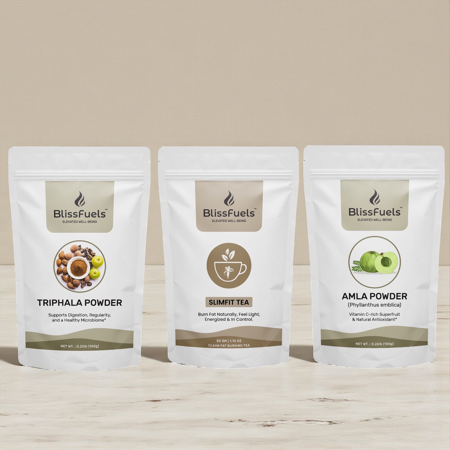 BlissFuels™ Cozy Fall Wellness Bundle – SlimFit Tea + Triphala Powder + Amla Powder
