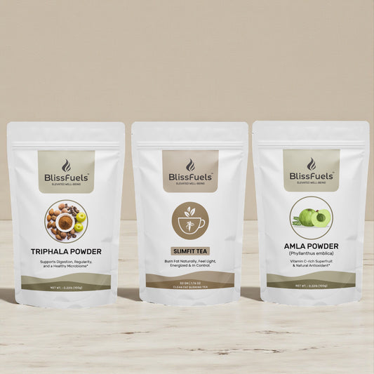 BlissFuels™ Cozy Fall Wellness Bundle – SlimFit Tea + Triphala Powder + Amla Powder