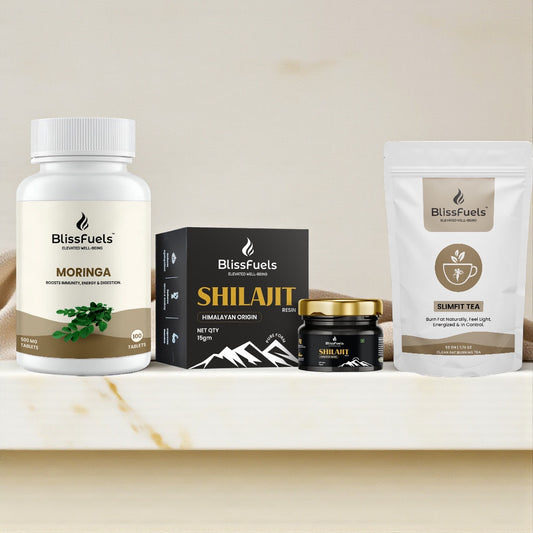 BlissFuels™ Fall Energy Bundle – Shilajit Resin + Moringa Tablets + SlimFit Tea