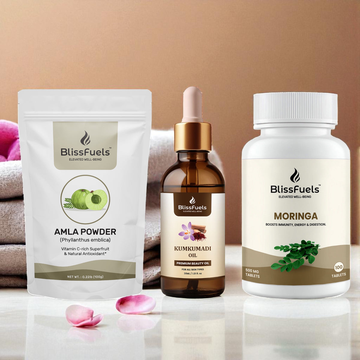 BlissFuels™ Fall Glow Bundle – Kumkumadi Oil + Amla Powder + Moringa Tablets