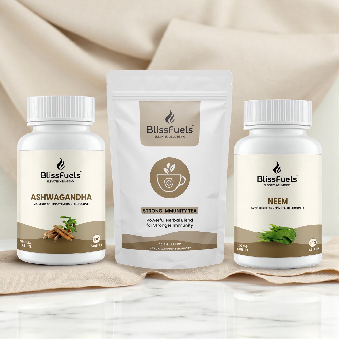BlissFuels™ Fall Immunity Shield Bundle – Immunity Tea + Neem Tablets + Ashwagandha Tablets