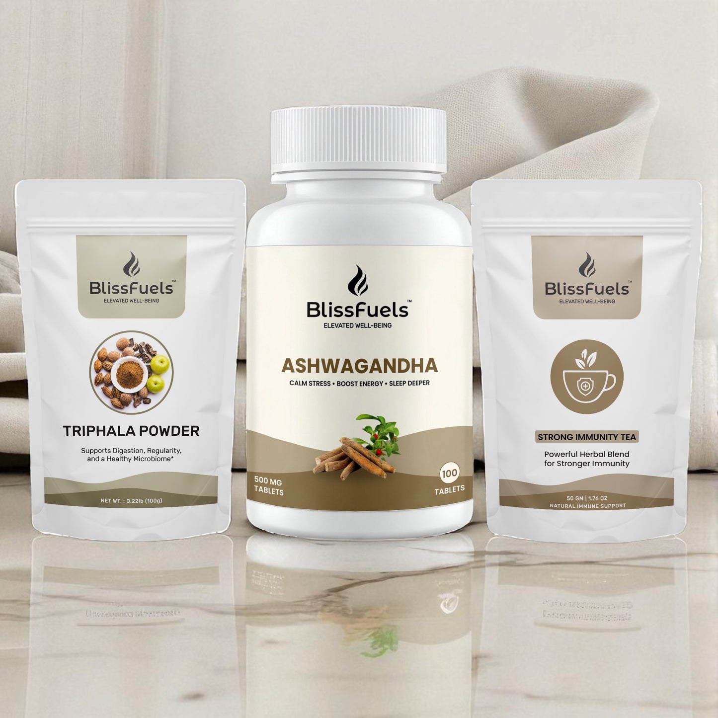 BlissFuels™ Fall Reset Bundle – Triphala Powder + Ashwagandha Tablets + Immunity Tea