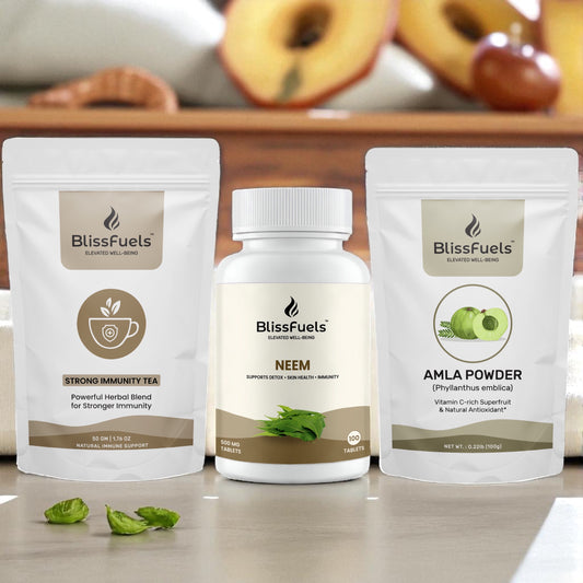 BlissFuels™ Immune Strength Bundle – Immunity Tea + Neem Tablets + Amla Powder