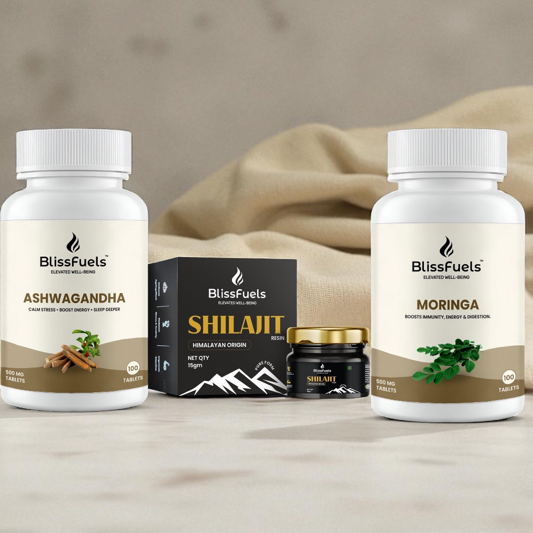 BlissFuels™ Men’s Vitality Bundle – Shilajit Resin + Ashwagandha Tablets + Moringa Tablets