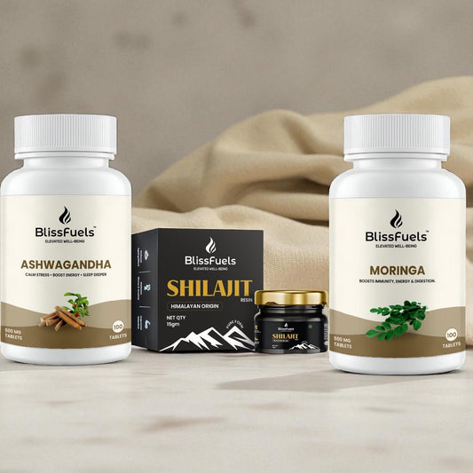 BlissFuels™ Men’s Vitality Bundle – Shilajit Resin + Ashwagandha Tablets + Moringa Tablets