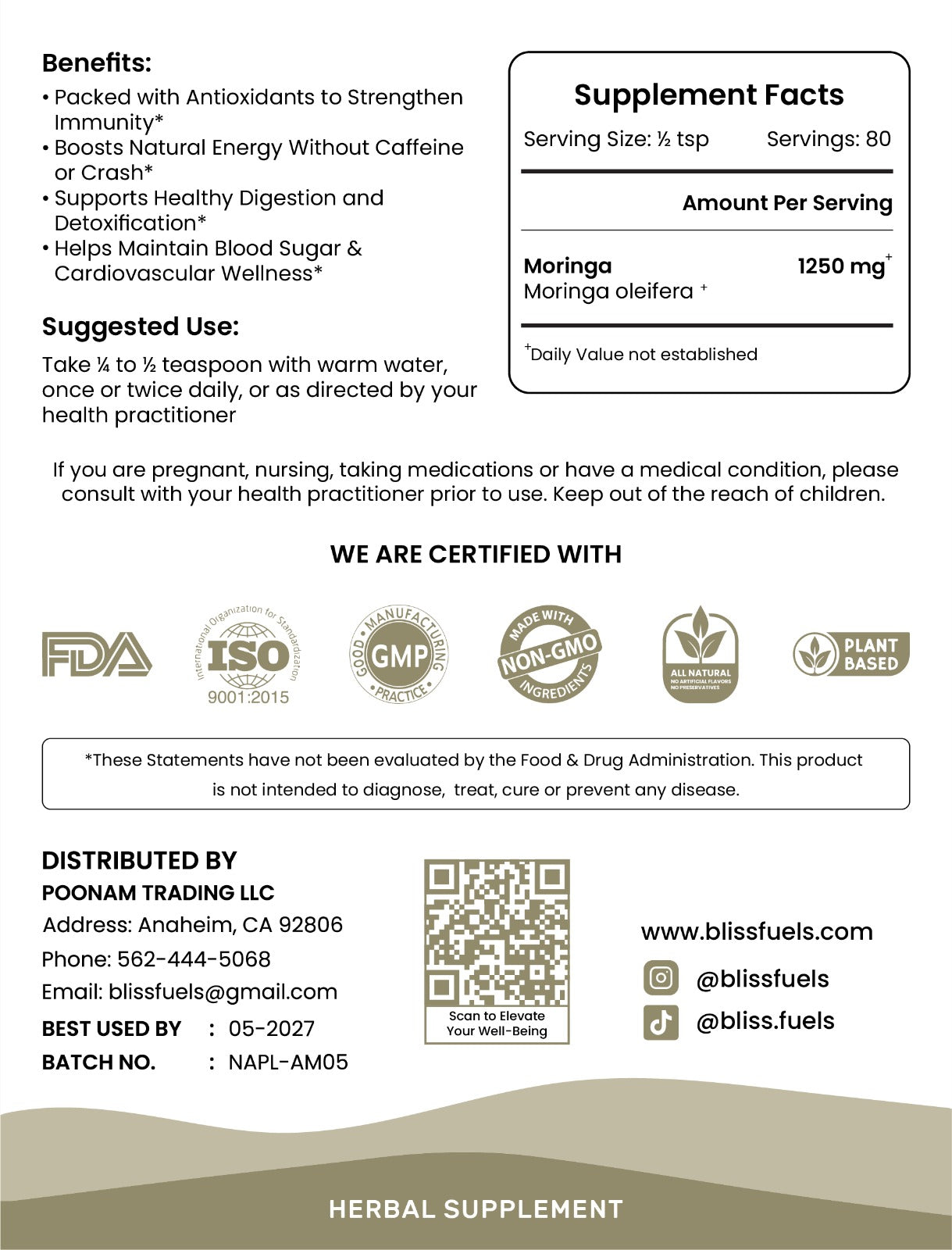 Organic Moringa Powder – 100g | Energy, Immunity, Detox & Vitality Superfood | BlissFuels