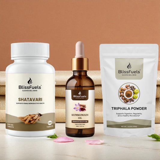 BlissFuels™ Women’s Wellness Bundle – Shatavari Tablets + Kumkumadi Oil + Triphala Powder