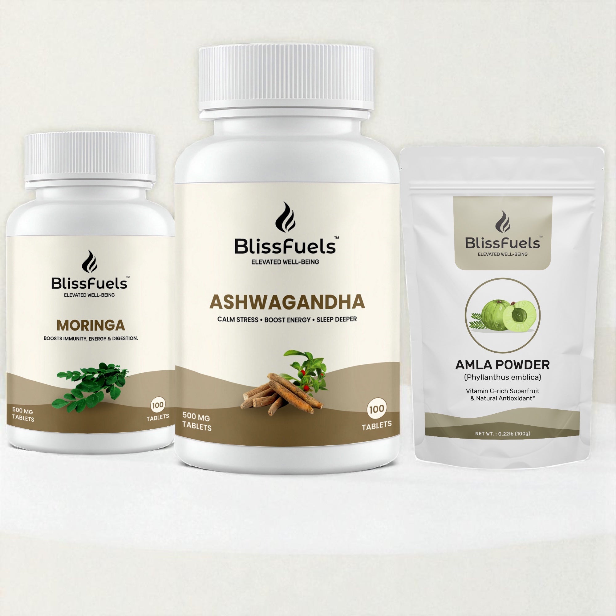 BlissFuels™ Daily Vitality Bundle | Ashwagandha Tablets + Moringa Tablets + Amla Powder