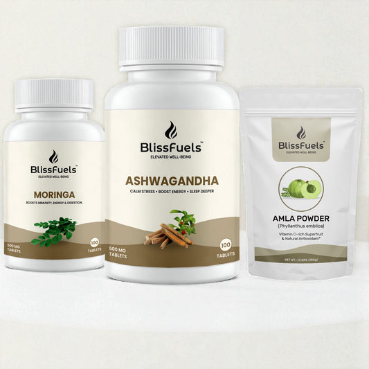 BlissFuels™ Daily Vitality Bundle | Ashwagandha Tablets + Moringa Tablets + Amla Powder